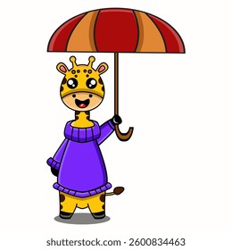 Giraffe Cartoon with Umbrella, Cute Style