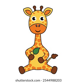 Giraffe cartoon, vector illustration. Sitting giraffe, clipart, isolated on white background. Cute safari animal. African animal.