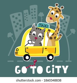 giraffe and cat on the taxi car funny animal cartoon
