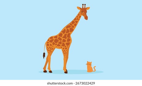 Jirafa y gato. Ilustración vectorial en estilo plano de dibujos animados.