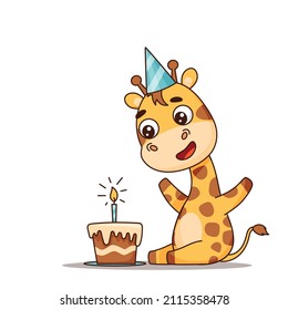 Giraffe celebrates a birthday. With a cap on his head and near the cake. Vector illustration for designs, prints and patterns. Vector illustration