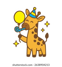 Giraffe celebrating a birthday with a balloon and party whistle
