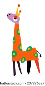 Giraffe character with small ears and long neck. Isolated childish drawing of animal of savannahs of tropical Africa. Emoji or emoticon, sticker or personage drawn by children. Vector in flat style