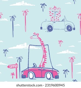 Giraffe and cheetah car funny cool summer t-shirt seamless pattern. Road trip vacation print design. Beach tropical travel kids apparel, nursery wild jungle exotic wallpaper Hand drawn cartoon animal