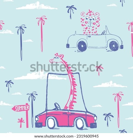 Giraffe and cheetah car funny cool summer t-shirt seamless pattern. Road trip vacation print design. Beach tropical travel kids apparel, nursery wild jungle exotic wallpaper Hand drawn cartoon animal