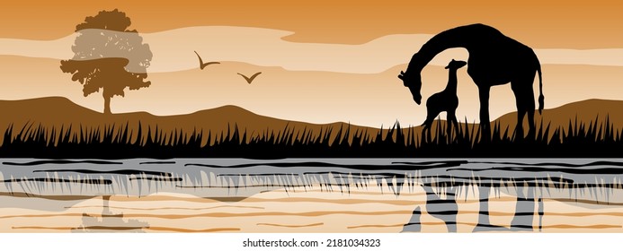 giraffe and child in sunset banner, vector background, digital wallpaper