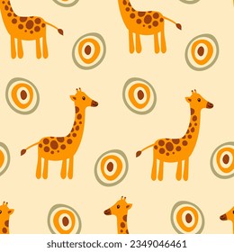 Giraffe childish seamless pattern. Hand drawn seamless background for kids with African wildlife animal and abstract circle shapes. Repeat vector illustration.