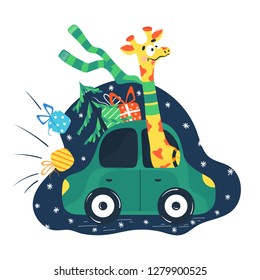 Giraffe Christmas rides in a car with gifts and a Christmas tree.Stock flat illustration.