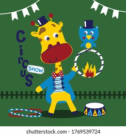 giraffe in the circus show funny animal cartoon,vector illustration
