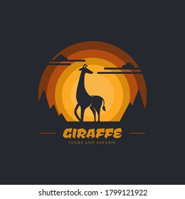 Giraffe with cliff mountain and sky background. Design element for company logo, label, emblem, apparel or other merchandise. Scalable and editable Vector illustration.