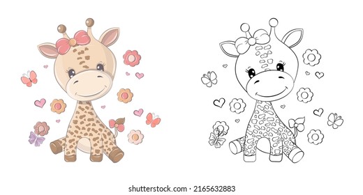 Giraffe Clipart for Coloring Page and Multicolored Illustration. Baby Clip Art Giraffe with flowers. Illustration of an Animal for Coloring Pages, Prints for Clothes, Stickers, Baby Shower