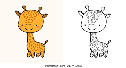 Giraffe Clipart for Coloring Page and Multicolored Illustration. Adorable Clip Art Giraffe. Vector Illustration of a Kawaii Animal for Coloring Pages, Prints for Clothes, Stickers, Baby Shower. 