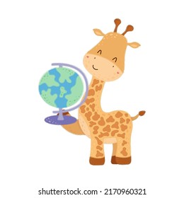 Giraffe Clipart in Cute Cartoon Style Beautiful Clip Art Giraffe with Globe. Vector Illustration of an School Animal for Prints for Clothes, Stickers, Textile, Baby Shower Invitation.
