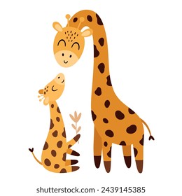 Giraffe clipart. Happy Mothers day clipart. Mom and baby animals in cartoon flat style. Hand drawn vector illustration.