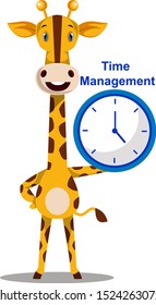 Giraffe with clock, illustration, vector on white background.