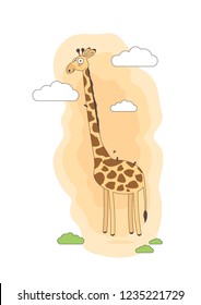 giraffe in the clouds with birds on the back cute cartoon character on a stylized background vector drawing