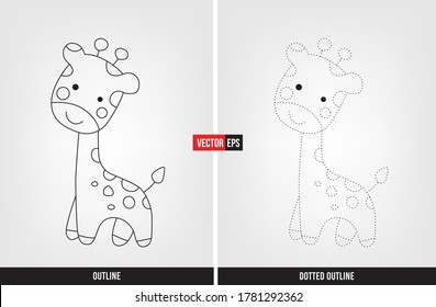 Giraffe color and trace, tracing worksheet for preschool and kindergarten vector