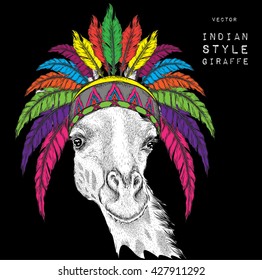 Giraffe in the colored Indian roach. Feather headdress of eagle. Hand draw vector  illustration