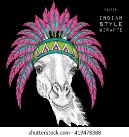 Giraffe in colorful Indian roach. Feather headdress of eagle. Hand draw vector illustration