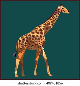 Giraffe colorful low poly design on blue background with dark brown outline. Animal card design.