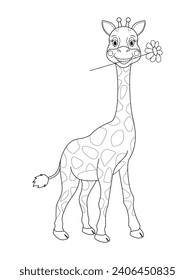 Giraffe for coloring. Linear design for children's coloring book. Coloring outline of a cartoon giraffe with a flower in its teeth.