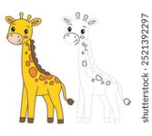 Giraffe coloring pages for kids. Trace and color giraffe. Coloring page outline of cute giraffe. Giraffe tracing worksheet. Kindergarten and preschool activity.