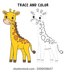 Giraffe coloring pages for kids. Trace and color giraffe. Animal outline illustration. Coloring page outline of cute giraffe. Giraffe tracing worksheet. Kindergarten and preschool activity.