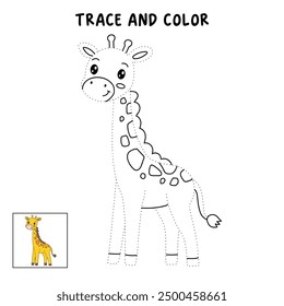 Giraffe coloring pages for kids. Trace and color giraffe. Animal outline illustration. Coloring page outline of cute giraffe. Giraffe tracing worksheet. Kindergarten and preschool activity.