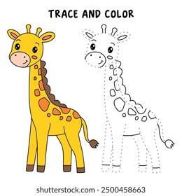 Giraffe coloring pages for kids. Trace and color giraffe. Animal outline illustration. Coloring page outline of cute giraffe. Giraffe tracing worksheet. Kindergarten and preschool activity.