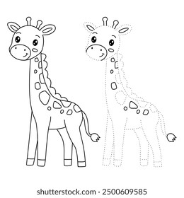 Giraffe coloring pages for kids. Trace and color giraffe. Animal outline illustration. Coloring page outline of cute giraffe. Giraffe tracing worksheet. Kindergarten and preschool activity.
