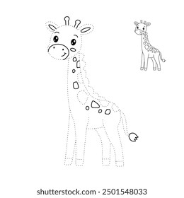Giraffe coloring pages for kids. Trace and color giraffe. Coloring page outline of cute giraffe. Giraffe tracing worksheet. Kindergarten and preschool activity.