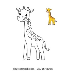 Giraffe coloring pages for kids. Trace and color giraffe. Coloring page outline of cute giraffe. Giraffe tracing worksheet. Kindergarten and preschool activity.