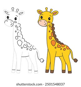 Giraffe coloring pages for kids. Trace and color giraffe. Coloring page outline of cute giraffe. Giraffe tracing worksheet. Kindergarten and preschool activity.