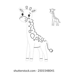 Giraffe coloring pages for kids. Trace and color giraffe. Coloring page outline of cute giraffe. Giraffe tracing worksheet. Kindergarten and preschool activity.