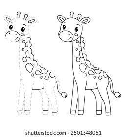 Giraffe coloring pages for kids. Trace and color giraffe. Coloring page outline of cute giraffe. Giraffe tracing worksheet. Kindergarten and preschool activity.
