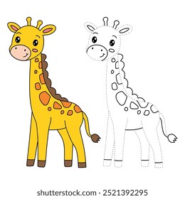 Giraffe coloring pages for kids. Trace and color giraffe. Coloring page outline of cute giraffe. Giraffe tracing worksheet. Kindergarten and preschool activity.