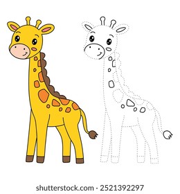 Giraffe coloring pages for kids. Trace and color giraffe. Coloring page outline of cute giraffe. Giraffe tracing worksheet. Kindergarten and preschool activity.