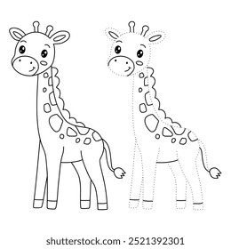Giraffe coloring pages for kids. Trace and color giraffe. Coloring page outline of cute giraffe. Giraffe tracing worksheet. Kindergarten and preschool activity.