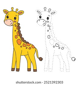 Giraffe Malvorlagen für Kinder. Spur- und Farbgiraffe. Malvorlage Umriss von niedlichen Giraffe. Arbeitsblatt zur Giraffenverfolgung. Kindergarten- und Vorschulaktivitäten.
