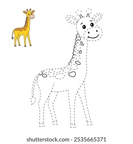Giraffe coloring pages for kids. Trace and color giraffe. Animal outline illustration. Coloring page outline of cute giraffe. Giraffe tracing worksheet. Kindergarten and preschool activity.