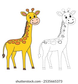 Giraffe coloring pages for kids. Trace and color giraffe. Animal outline illustration. Coloring page outline of cute giraffe. Giraffe tracing worksheet. Kindergarten and preschool activity.