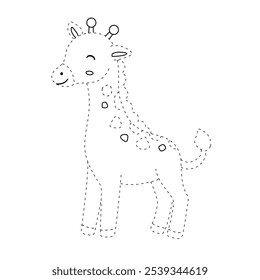 Giraffe coloring pages for kids. Trace and color cute giraffe. Giraffe animal flashcard. Cute giraffe isolated on white background. Kindergarten and preschool worksheets printable for kids. 