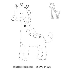 Giraffe coloring pages for kids. Trace and color cute giraffe. Giraffe animal flashcard. Cute giraffe isolated on white background. Kindergarten and preschool worksheets printable for kids. 