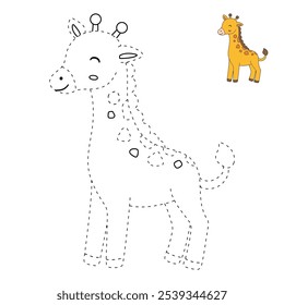 Giraffe coloring pages for kids. Trace and color cute giraffe. Giraffe animal flashcard. Cute giraffe isolated on white background. Kindergarten and preschool worksheets printable for kids. 