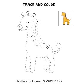 Giraffe coloring pages for kids. Trace and color cute giraffe. Giraffe animal flashcard. Cute giraffe isolated on white background. Kindergarten and preschool worksheets printable for kids. 