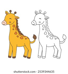 Giraffe coloring pages for kids. Trace and color cute giraffe. Giraffe animal flashcard. Cute giraffe isolated on white background. Kindergarten and preschool worksheets printable for kids. 