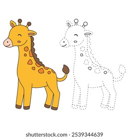 Giraffe coloring pages for kids. Trace and color cute giraffe. Giraffe animal flashcard. Cute giraffe isolated on white background. Kindergarten and preschool worksheets printable for kids. 