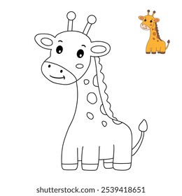 Páginas de coloração de girafa para crianças. Traço e cor girafa bonito. Cartão de Girafa animal. Girafa bonita isolada no fundo branco. Planilhas de jardim de infância e pré-escola imprimíveis para crianças. 