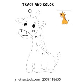 Giraffe coloring pages for kids. Trace and color cute giraffe. Giraffe animal flashcard. Cute giraffe isolated on white background. Kindergarten and preschool worksheets printable for kids. 