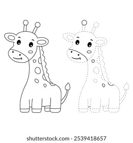 Giraffe coloring pages for kids. Trace and color cute giraffe. Giraffe animal flashcard. Cute giraffe isolated on white background. Kindergarten and preschool worksheets printable for kids. 